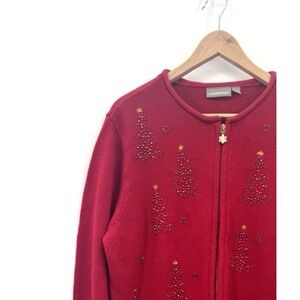 VTG Women Large Cardigan Zip Beaded Dainty Novelty Holiday Christmas Embellished